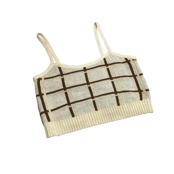 West of MELROSE Plaid You Came Women's Crop Tank Size Small Cream Brown - Picture 1 of 8